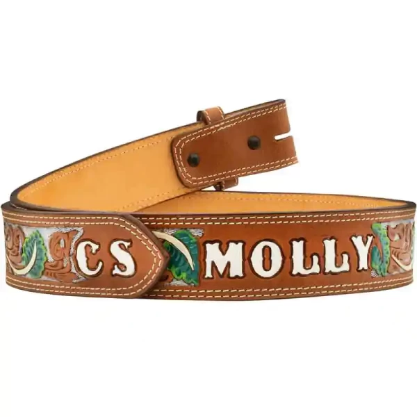 "Add your own flair to this timeless piece. Our Floral Initial Leather Belt showcases hand-painted letters on the back and tip, offering you the opportunity to personalize it with your name, initials, or custom lettering of your choice. The vibrant b